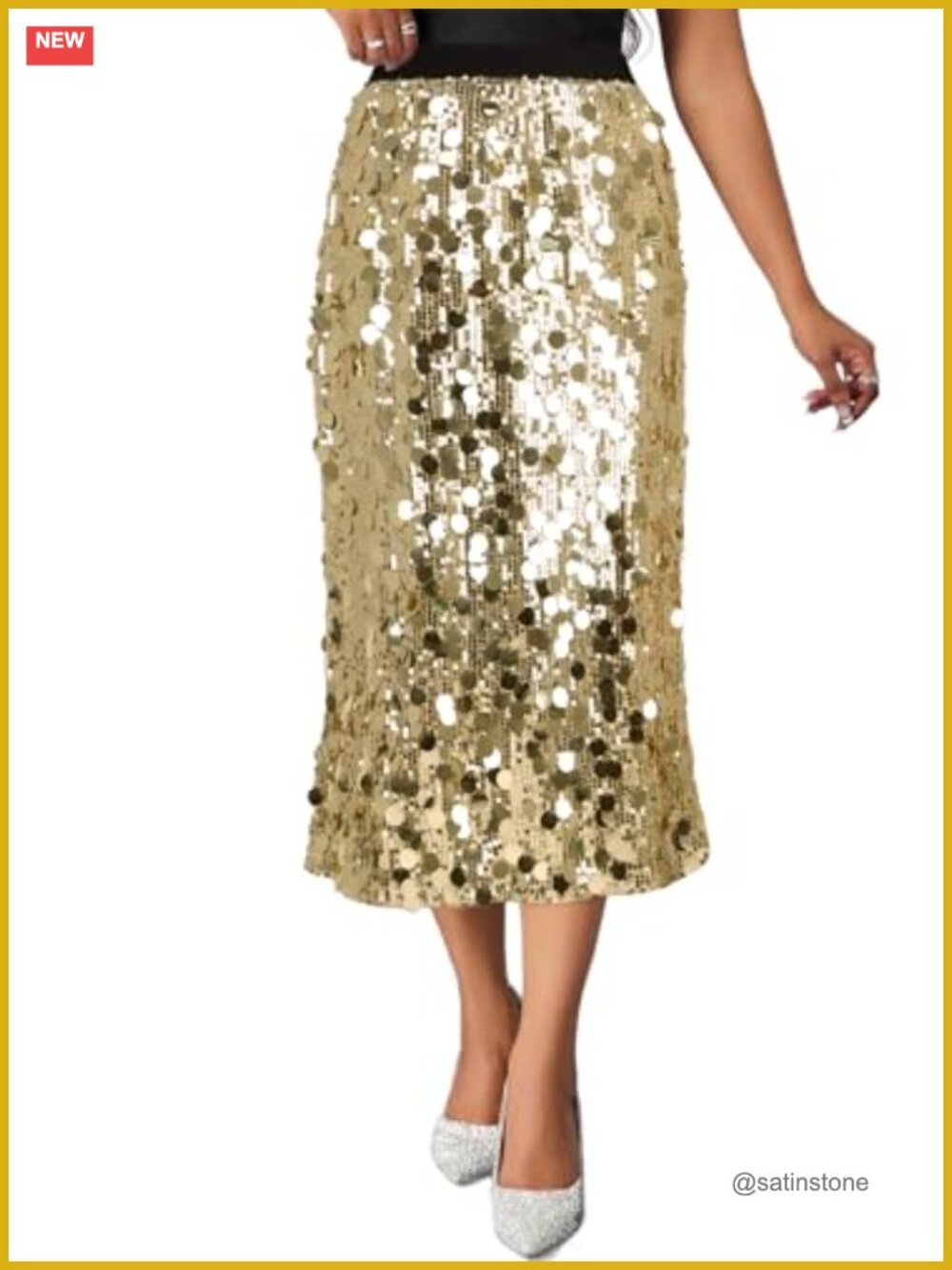 Womens Sequin Midi Skirt High Waist A-Line Sparkly Shiny Party Night Out